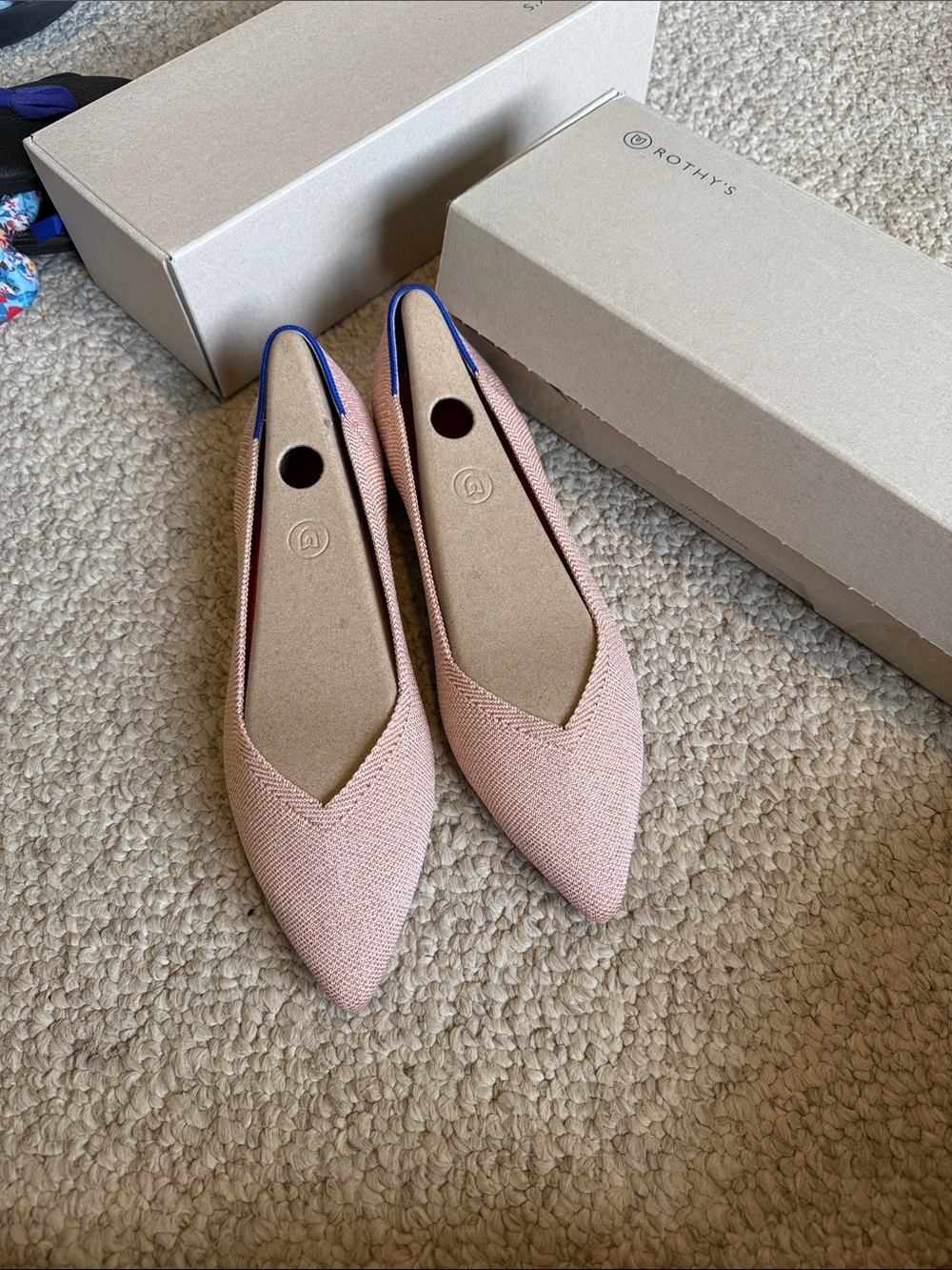 Rothy's Pointed Knit Flats in Blush Pink with Blue Trim